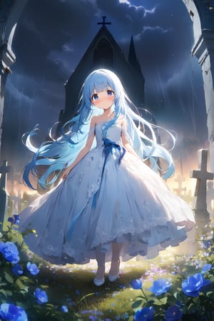 masterpiece, best quality, extremely detailed, (illustration, official art:1.1), 1 girl ,(((( light blue long hair)))), ,(((( light blue long hair)))),light blue hair, , long hair ((blush)) , cute face, masterpiece, best quality,(((((a very delicate and beautiful girl))))),Amazing,beautiful detailed eyes,blunt bangs((((little delicate girl)))),(((tareme))),droopy eyes.(true beautiful:1.2), sense of depth,dynamic angle,,,, affectionate smile, (true beautiful:1.2),,(tiny 1girl model:1.2),)(flat chest),（only one person）,Broken church,Cemetery,heavy rain,dark clouds,(Battle damage),Wedding dress,Long hair,Ghost Bride,Dark and gloomy,night,Wilted flowers,Tears