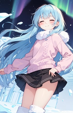 masterpiece, best quality, extremely detailed, (illustration, official art:1.1), 1 girl ,(((( light blue long hair)))), ,(((( light blue long hair)))),light blue hair, , long hair ((blush)) , cute face, (((closed eyes, smile,,))) masterpiece, best quality,(((((a very delicate and beautiful girl))))),Amazing,beautiful detailed eyes,blunt bangs((((little delicate girl)))),tareme(true beautiful:1.2), sense of depth,dynamic angle,, (true beautiful:1.2),,(tiny 1girl model:1.2),)masutepiece、One girl、Winter gear、Antarctic base、Looking up at the Northern Lights. She wears a leopardprint sweater, pink skirt, and blue boots. SPARKLE; GLITTER
