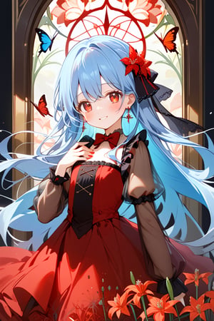 (illustration, official art:1.1), 1 girl ,(((( light blue long hair)))), ,(((( light blue long hair)))), ((blush)) , cute face, big eyes, masterpiece, best quality,(((((a very delicate and beautiful girl))))),((((little delicate girl)))),tareme, ,, affectionate smile, (true beautiful:1.2)(flat chest)、masterpiece, best quality, 1girl, solo, long hair, red eyes, jewelry, looking at viewer, red bow, butterfly, bow, smile, bug, dress, flower, hair between eyes, cross, picture frame, earrings, bangs, long sleeves, red nails, see-through, see-through sleeves, puffy sleeves, nail polish, parted lips, red dress, ,red cluster amaryllis, red bowtie, facial mark, , frills, bowtie, hand up,a gothic portrait, , with pale skin,  abstract art, inspired by Alphonse Mucha (masterpiece, best quality, high resolution:1.4), extremely detailed, intricate details, 4k, color splash, line art, fibonacci,(((cluster amaryllis)))
