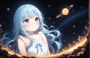 masterpiece, best quality, extremely detailed, (illustration, official art:1.1), 1 girl ,(((( light blue long hair)))), ,(((( light blue long hair)))),light blue hair, long hair ((blush)) , cute face, big eyes, masterpiece, best quality,(((((a very delicate and beautiful girl,))))),Amazing,beautiful detailed eyes,blunt bangs、((((little delicate girl)))),tareme(true beautiful:1.2), sense of depth,dynamic angle, ,flat chest, anime comic style 1girl, Design an image showcasing the allure of a starry night sky, with a myriad of twinkling stars, constellations, and the Milky Way.,masterpiece, best quality,Starry sky