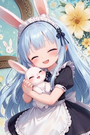 masterpiece, best quality, extremely detailed, (illustration, official art:1.1), 1 girl ,(((( light blue long hair)))), ,(((( light blue long hair)))),light blue hair, , long hair ((blush)) , cute face, big eyes, masterpiece, best quality,(((((a very delicate and beautiful girl))))),Amazing,beautiful detailed eyes,blunt bangs((((little delicate girl)))),tareme(true beautiful:1.2), sense of depth,dynamic angle,,,(((tareme))), (true beautiful:1.2),,(tiny 1girl model:1.2)(flat chest) 、masterpiece, top quality, very aesthetic, absurd, (super detailed), vivid, (nice hands, perfect hands), ideal proportions of the body, BREAK (vector outline, flat colors: 1.5), (one girl), solo, standing, (hugging white rabbit: 1.2), from the side, upper body close-up, (colorful floral background), BREAK cute girl, 18 years old, detailed blue eyes, (eye highlights), bright smile, (eyes closed: 1.2), wide open mouth, (blush all over face), floating hair, BREAK (wearing a shiny white maid: 1.2), (white rabbit ears headband and white rabbit tail), white thigh-high socks, white pumps