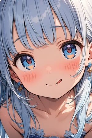 masterpiece, best quality, extremely detailed, (illustration, official art:1.1), 1 girl ,(((( light blue long hair)))), ,(((( light blue long hair)))),light blue hair, , long hair ((blush)) , cute face, big eyes, masterpiece, best quality,(((((a very delicate and beautiful girl))))),Amazing,beautiful detailed eyes,blunt bangs((((little delicate girl)))),(((tareme))),droopy eyes.(true beautiful:1.2), sense of depth,dynamic angle,,,, affectionate smile, (true beautiful:1.2),,(tiny 1girl model:1.2),)(flat chest), , tongue,Gal,Earrings,tattoo
