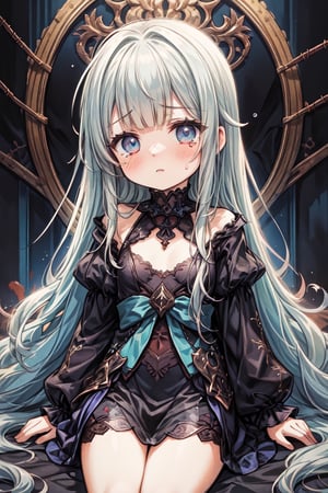 Masterpiece, best quality, extremely detailed, (illustration, official art: 1.1), ((((1 girl)))), ((light blue long hair))), light blue hair, ,young,,,,((blush)),, tareme, masterpiece, best quality, (a very delicate and beautiful girl)))), flat chest ,amazing, beautiful detailed eyes, blunt bangs (((little delicate girl)))), tareme、garota and roupas cybersigilism gotica, and (Barbed wire through the body) cabelo preto and pontas branca,1 girl,Black Tears,Black and white