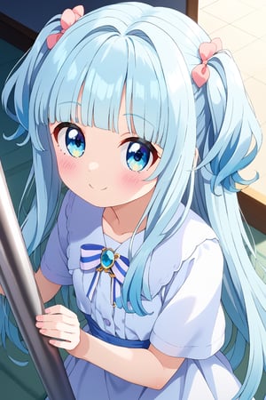 asterpiece, best quality, extremely detailed, (illustration, official art: 1.1), 1 girl, (((light blue long hair))), ((light blue long hair))), ((light blue long hair))), light blue hair,, long hair ((blush)), cute face, big eyes, masterpiece, best quality, ((((a very delicate and beautiful girl)))), amazing, beautiful detailed eyes, blunt bangs (((little delicate girl)))), tareme (true beautiful: 1.2) , sense of depth, dynamic angle,,, affectionate smile, (true beautiful: 1.2), (tiny 1girl model: 1.2),) (flat chest), (masterpiece: 1.5, highest quality: 1.5), (((VaporWave Style, Decorated colored)) ), close-up, from above, cinematic angle, (((vanilla))), 1girl, solo, cute smile, jewelry decoration, the doll is a mess, decadent life, poles outside the window, morning glow outside the window,two side up
