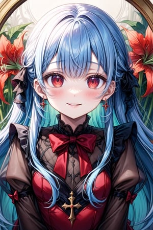 (illustration, official art:1.1), 1 girl ,(((( light blue long hair)))), ,(((( light blue long hair)))), ((blush)) , cute face, big eyes, masterpiece, best quality,(((((a very delicate and beautiful girl))))),((((little delicate girl)))),tareme, ,, affectionate smile, (true beautiful:1.2)(flat chest)、masterpiece, best quality, 1girl, solo, long hair, red eyes, jewelry, looking at viewer, red bow, butterfly, bow, smile, bug, dress, flower, hair between eyes, cross, picture frame, earrings, bangs, long sleeves, red nails, see-through, see-through sleeves, puffy sleeves, nail polish, parted lips, red dress, ,red cluster amaryllis, red bowtie, , , frills, bowtie, hand up,a gothic portrait, , with pale skin,  abstract art, inspired by Alphonse Mucha (masterpiece, best quality, high resolution:1.4), extremely detailed, intricate details, 4k, color splash, line art, fibonacci,(((cluster amaryllis)))
