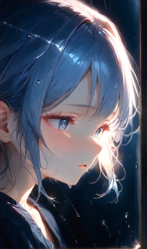 masterpiece, best quality, extremely detailed, (illustration, official art:1.1), 1 girl ,(((( light blue long hair)))), ,(((( light blue long hair)))),light blue hair, , long hair ((blush)) , cute face,half close eye, masterpiece, best quality,(((((a very delicate and beautiful girl))))),Amazing,beautiful detailed eyes,blunt bangs((((little delicate girl)))),(true beautiful:1.2), sense of depth,dynamic angle,,,(((tareme))), (true beautiful:1.2),,(tiny 1girl model:1.2)(flat chest) 、Upper body close-up（((masterpiece), Perfect face, beautiful eyes, clean facial features, she sits by the window in a dark room,  the rain pouring outside. Her expression carries a sense of loneliness and quiet reflection, with soft light from the window faintly illuminating her face(((. The raindrops sliding down the glass seem to mirror her emotions, )))creating a melancholy and serene atmosphere throughout the scene."、(((((looking down,looking away,Look away))))),empty eyes	、,Intricate details,Extremely detailed,Outstanding intricacies,(Masterpiece:1.2),(Best quality:1.2),(Absurdres absolutely resolution:1.4)