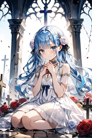 Masterpiece, best quality, extremely detailed, (illustration, official art: 1.1), ((((1 girl)))), ((light blue long hair))), light blue hair, ,young,,,,((blush)),, tareme, masterpiece, best quality, (a very delicate and beautiful girl)))), flat chest ,amazing, beautiful detailed eyes, blunt bangs (((little delicate girl)))), tareme、,with an empty expression and a weak smile on her face. She wears a short white dress that reaches her knees. Several silver roses adorn her body, while sharp-thorned roots resemble necklaces, wrapping around her hands and waist. The setting is a ruined church, with cracked walls and broken windows, where light timidly enters. Next to her is an altar holding a cross adorned with several roses. The atmosphere has a melancholic and mysterious air, highlighting the loneliness and the contrast between the girl's beauty and pain.