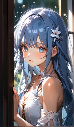 masterpiece, best quality, extremely detailed, (illustration, official art:1.1), 1 girl ,(((( light blue long hair)))), ,(((( light blue long hair)))),light blue hair, , long hair ((blush)) , cute face,half close eye, masterpiece, best quality,(((((a very delicate and beautiful girl))))),Amazing,beautiful detailed eyes,blunt bangs((((little delicate girl)))),(true beautiful:1.2), sense of depth,dynamic angle,,,(((tareme))), (true beautiful:1.2),,(tiny 1girl model:1.2)(flat chest) 、Upper body close-up（((masterpiece), Perfect face, beautiful eyes, clean facial features, she sits by the window in a dark room,  the rain pouring outside. Her expression carries a sense of loneliness and quiet reflection, with soft light from the window faintly illuminating her face(((. The raindrops sliding down the glass seem to mirror her emotions, )))creating a melancholy and serene atmosphere throughout the scene."、(((((looking down,looking away,Look away))))),empty eyes	、