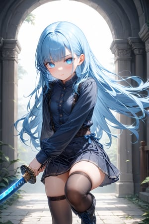 masterpiece, best quality, extremely detailed, (illustration, official art:1.1), 1 girl ,(((( light blue long hair)))), ,(((( light blue long hair)))),light blue hair, , long hair ((blush)) , cute face, big eyes, masterpiece, best quality,(((((a very delicate and beautiful girl))))),Amazing,beautiful detailed eyes,blunt bangs((((little delicate girl)))),tareme(true beautiful:1.2), sense of depth,dynamic angle,,,, affectionate smile, (true beautiful:1.2),,(tiny 1girl model:1.2),)(flat chest) ,flat color,2d,super fine illustration,{{{amazing quality}}},{{{{{ai-generated}}}},beautiful artwork style,masterpiece,best quality,very aesthetic,{{{{ultra detaile}}}},absurdres,   , holding sword,sheath on back,Aggressive movement,intense movement,loli,very serious, during the battle,full of speed, navel,{{{{{{dynamic angle}}}}}},,{{{{{ see-through Niqab}}}}},glowing eyes, , ,howl, bio lab, cyberpunk, meck hand, meck eyes,, holding katana, , {{{fighting stance}}}, , black shirt, black skirt, lace-up boots, wielding a sword, hand up,