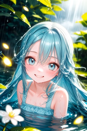 masterpiece, best quality, extremely detailed, (illustration, official art:1.1), 1 girl ,(((( light blue long hair)))), ,(((( light blue long hair)))),light blue hair, , long hair ((blush)) , cute face, masterpiece, best quality,(((((a very delicate and beautiful girl))))),Amazing,beautiful detailed eyes,blunt bangs((((little delicate girl)))),(((tareme))),droopy eyes.(true beautiful:1.2), sense of depth,dynamic angle,,,, affectionate smile, (true beautiful:1.2),,(tiny 1girl model:1.2),)(flat chest),A laughing young girl, .., High quality paintings that are realistic yet artistic.., cgsociety competition winner, Wet shirt effect, rain effect, Water Effects. splashing water, squirting,,Long Ong water splashed all over the area., Beautiful lighting elements, Beautiful corner, Smooth Movement, Winning photos, cute picture, Powerful photos, backlit photography, backdrop is the atmosphere is like being in a fairytale forest., There is a beautiful waterfall., It was filled with small white flowers and several fireflies., Spreading hair, Beautiful flowing skirt.Long shot	
