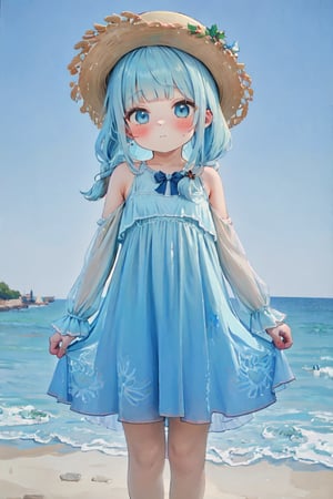 absurd, high resolution, ultra detailed,1girl , BREAK, flat chest, long hair, (((( light blue long hair)))),  light blue hair,((blushing)), clear blue eyes, french braids, BREAK, blunt bangs, walking, BREAK, sundress, 1girl.sun hat, mary jane, BREAK, rich gradation, extreme colors, extreme details, clear light perception, BREAK, (Monet, impressionism, oil painting), anime characters, BREAK,梵高风格/ゴッホ スタイル/ゴッホ,(Fractal Art: 1.3), Pastel color scheme, Most detailed,