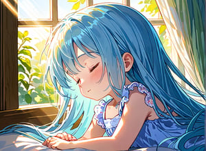 (((( light blue long hair)))),((((little delicate girl)))), 1 girl ,tiny 1girl ,young, 1girl, solo beautiful , sleeping , happy, peaceful, dutch angle, sunlight, windows, shadows masterpiece, best quality, high quality,
