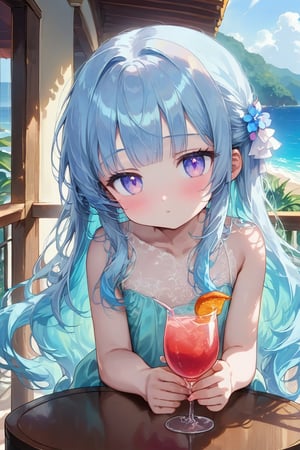 masterpiece, best quality, extremely detailed, (illustration, official art:1.1), 1 girl ,(((( light blue long hair)))), ,light blue hair, , long hair ((blush)) , cute face, masterpiece, best quality,(((((a very delicate and beautiful girl))))),Amazing,beautiful detailed eyes,blunt bangs((((little delicate girl)))),.(true beautiful), sense of depth,, ,(tiny 1girl model:1.2),)(flat chest),Masterpiece, highest quality, high resolution background, bright and beautiful atmosphere, (hair, surface effects), , cute tropical clothes, tropical style A girl relaxing on a hotel balcony, a stylish drink on a round table, mini pigs hanging on the balcony, hibiscus
