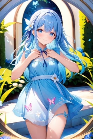 masterpiece, best quality, extremely detailed, (illustration, official art:1.1), 1 girl ,(((( light blue long hair)))), ,(((( light blue long hair)))),light blue hair, , long hair ((blush)) , cute face, masterpiece, best quality,(((((a very delicate and beautiful girl))))),Amazing,beautiful detailed eyes,blunt bangs((((little delicate girl)))),(((tareme))),droopy eyes.(true beautiful:1.2), sense of depth,dynamic angle,,,, affectionate smile, (true beautiful:1.2),,(tiny 1girl model:1.2),)(flat chest),、braided hair、apron dress、White blouse and long skirt、cinematic light、soft light、A botanical garden in a giant glass dome、squirt、gazebo、(lots of flowers)、A garden with dancing petals、butterfly々is flying、blur the background、(((charming fountain in a lush garden. She has a bright,)))
