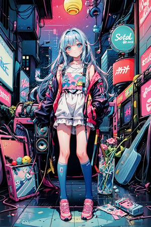  ,(((( light blue long hair)))), , (true beautiful:1.2),long hair,,10yo,,(tiny 1girl model:1.2),Pink and blue hair girl, soda, Inspired by 90s anime, Cyberpunk City, praise, colorful, listen to music, Drinking alcohol