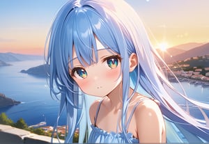 ((masterpiece, best quality, extremely detailed, absurdres)),, masterpiece, best quality, extremely detailed, ((((((light blue long hair)))))), long hair cute anime faces,detailed light,parted lips,shiny、beautiful detailed face,,longhair、(((( light blue long hair)))),,10 years old, , 1girl, solo, flat chest, blush, bangs, caramel、Perfect beautiful woman,masterpiece, best quality, ,flat chest, (flat chest), ((super photo realistic)), (masterpiece), illustration, ultra detailed, absurdres, 8k, details down to the smallest detail, Reflection, light bokeh effect, ((look at viewer)),

a small harbor town by the Aegean Sea where the mountains meet the ocean. (The town has beautiful white walls that follow the slopes of the hills). (A girl stands on top of a hill, looking down at the town below:1.2). She is wearing a summer dress. In her view, ((a beautiful sunrise shines brightly)), A beautiful summer day,

BREAK (produces images with information than 40 million pixels with cinematic-like detailed textures shot on a Sony SLR),
