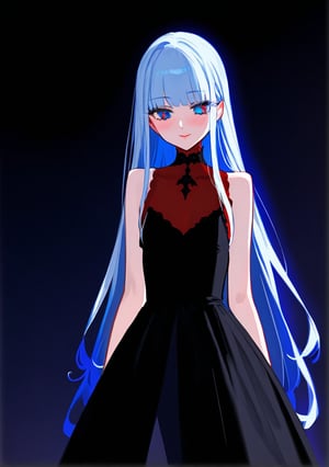 
masterpiece, best quality, extremely detailed, (illustration, official art:1.1), 1 girl ,(((( light blue long hair)))), ,(((( light blue long hair)))),light blue hair, , long hair ((blush)) , cute face, big eyes, masterpiece, best quality,(((((a very delicate and beautiful girl))))),Amazing,beautiful detailed eyes,blunt bangs((((little delicate girl)))),tareme(true beautiful:1.2), sense of depth,dynamic angle,,,(((tareme))), affectionate smile, (true beautiful:1.2),,(tiny 1girl model:1.2)(flat chest) 、（dark atmosphere,gothic fashion,bright colors）,（best quality,Super exquisite,）,Sexy goth Vampire girl,In the rose garden at night,Beautiful and delicate eyes,Straight black light blue long hair with blue tips,Crow feathers,red lipstick,mysterious smile,Pale complexion,fishnet stockings,black dress,Pointed-toe bootysterious aura,The moonlight illuminates her elegant silhouette,Soft shadows and soft highlights,Contrasting colors create a vibrant atmosphere,dark and moody color palette,Subtle yet dramatic lighting effects,Sublime darkness intertwined with exquisite moonlight, She's tall and mature, red tone, beatiful pretty face

