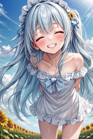 masterpiece, best quality, extremely detailed, (illustration, official art), 1 girl ,(((( light blue long hair)))), ,(((( light blue long hair)))),light blue hair, , long hair ((blush)) , cute face, masterpiece, best quality,(((((a very delicate and beautiful girl))))),Amazing,beautiful detailed eyes,blunt bangs((((little delicate girl)))),tareme(true beautiful:1.2), sense of depth,dynamic angle,,,, affectionate smile, (true beautiful:1.2),,(tiny 1girl model:1.2),)(flat chest) ,closed eyes, (masterpiece,high-quality,ultra detailed,8K,UHD,high-resolution,perfect anatomy,ultra complex and detiled), perfect anatomy, leaning forward, head tilt, standing, arms behind back, (little girl, petite:1.1),, (closed eyes:1.1), grin, embarrassed, blush, sunflower patterned dress, off shoulder, smile, flower, sunflower, flower field, field, dandelion, day, summer, solo, outdoors,
Opaque clothing