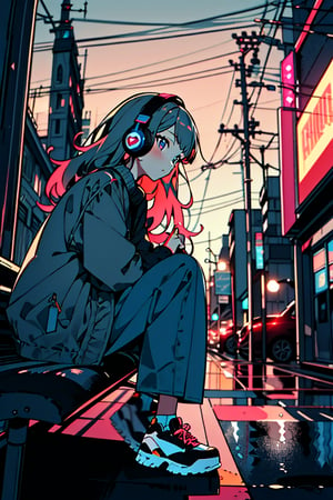 , (true beautiful:1.2),long hair,,10yo,,(tiny 1girl model:1.2),A cute anime-style girl sitting on a nostalgic city bench. She has long, wavy, and fluffy light hair, and is wearing headphones. Her outfit is casual, with a loose coat over a dark shirt or dress. The background features a street with buildings and utility poles, depicted in a minimalistic line art style with pastel colors. The overall color scheme is soft and light, creating a calm and relaxed atmosphere. Incorporate a slight cyberpunk aesthetic, with subtle neon accents and futuristic elements to enhance the ambiance of the scene.
