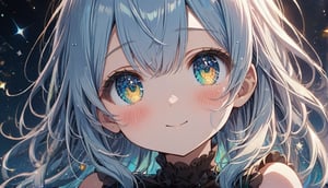 masterpiece, best quality, extremely detailed, (illustration, official art:1.1), 1 girl ,(((( light blue hair)))), ,(((( light blue long hair)))),light blue hair, ,((blush)) , cute face, big eyes, masterpiece, best quality,(((((a very delicate and beautiful girl))))),Amazing,beautiful detailed eyes,blunt bangs((((little delicate girl)))),(((tareme))),droopy eyes.(true beautiful:1.2), sense of depth,dynamic angle,,,, affectionate smile, (true beautiful:1.2),,(tiny 1girl model:1.2),)(flat chest),(masterpiece), (best quality), sharp focuse, (close up), illustration, (detailed hair, detailed face, detailed features structure), ((1 woman, solo)), perfect loli face,  ((green eyes,yellow eyes, beautiful shapes of eyes)), Casual clothing、black turtleneck outfit, (Gradient  background, Particle background: 1.3)highres,8k,official art, (((Gradient Eye))),water,liquid, cloud,colorful, starry,stars,,Clear focus,Defocused。