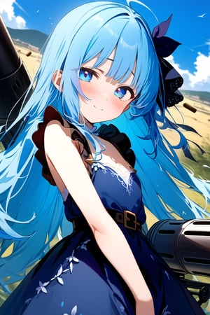 masterpiece, best quality, extremely detailed, (illustration, official art:1.1), 1 girl ,(((( light blue long hair)))), ,(((( light blue long hair)))),light blue hair, , long hair ((blush)) , cute face, masterpiece, best quality,(((((a very delicate and beautiful girl))))),Amazing,beautiful detailed eyes,blunt bangs((((little delicate girl)))),(((tareme))),droopy eyes.(true beautiful:1.2), sense of depth,dynamic angle,,,, affectionate smile, (true beautiful:1.2),,(tiny 1girl model:1.2),)(flat chest),masterpiece, top quality, best quality, official art, beautiful and aesthetic, 1girl,gatling gun, shell casing, looking at viewer, bangs, ammunition belt, gloves, ribbon, extreme detailed,highest detailed, optical mixing, playful patterns, lively texture, unique visual effect,,((girl with a machine gun)), Posing with sexual overtones, Battlefield Background,
