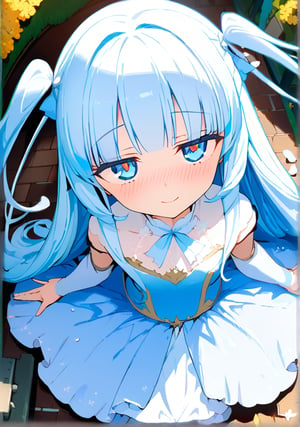 masterpiece, best quality, extremely detailed, (illustration, official art:1.1), 1 girl ,(((( light blue long hair)))), ,(((( light blue long hair)))),light blue hair, , long hair ((blush)) , cute face, big eyes, masterpiece, best quality,(((((a very delicate and beautiful girl))))),Amazing,beautiful detailed eyes,blunt bangs((((little delicate girl)))),tareme(true beautiful:1.2), sense of depth,dynamic angle,,,, affectionate smile, (true beautiful:1.2),,(tiny 1girl model:1.2),)(flat chest) ,1 idol,solo,ultra-detailed face,detailed eyes,blunt bangs,blue hair,two side up,Princess Dress,wariza,Patent high heels,looking at viewer,sleepy,open mouth,head tilt,rim light,outdoors flower garden,(osmanthus tree),(petals:1.3),1 Clock tower,From above,highly detailed illustration,masterpiece,8K,top quality,absurdly beautiful face,