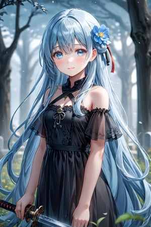 masterpiece, best quality, extremely detailed, (illustration, official art:1.1), 1 girl ,(((( light blue long hair)))), ,(((( light blue long hair)))),light blue hair, , long hair ((blush)) , cute face, masterpiece, best quality,(((((a very delicate and beautiful girl))))),Amazing,beautiful detailed eyes,blunt bangs((((little delicate girl)))),(((tareme))),droopy eyes.(true beautiful:1.2), sense of depth,dynamic angle,,,, affectionate smile, (true beautiful:1.2),,(tiny 1girl model:1.2),)(flat chest), A beautiful anime-style girl with long,,(((detailed)))Blue Eyes,Transparent hair,Face of Sadness,Sad beautiful girl,(((detailed)),(((detailed)))A beautiful immoral girl in a provocative black and grey dress,,(((detailed)))Full Body Shot,Crow,(((detailed)))dead tree,fog,Red Moon,Mysterious Flower,graveyard of darkness。, holding katana,  , holding sword