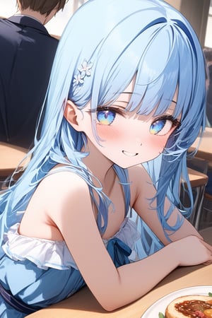 masterpiece, best quality, extremely detailed, (illustration, official art), 1 girl ,(((( light blue long hair)))), ,(((( light blue long hair)))),light blue hair, , long hair ((blush)) , cute face, masterpiece, best quality,(((((a very delicate and beautiful girl))))),Amazing,beautiful detailed eyes,blunt bangs((((little delicate girl)))),tareme(true beautiful:1.2), sense of depth,dynamic angle,,,, affectionate smile, (true beautiful:1.2),,(tiny 1girl model:1.2),)(flat chest) , (masterpiece,high-quality,ultra detailed,8K,UHD,high-resolution,perfect anatomy,ultra complex and detiled),(little girl, petite:1.1),school students enjoying their lunch in a crowded cafeteria、