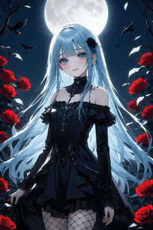 masterpiece, best quality, extremely detailed, (illustration, official art:1.1), 1 girl ,(((( light blue long hair)))), ,(((( light blue long hair)))),light blue hair, , long hair ((blush)) , cute face, big eyes, masterpiece, best quality,(((((a very delicate and beautiful girl))))),Amazing,beautiful detailed eyes,blunt bangs((((little delicate girl)))),tareme(true beautiful:1.2), sense of depth,dynamic angle,,,(((tareme))), affectionate smile, (true beautiful:1.2),,(tiny 1girl model:1.2)(flat chest) 、（dark atmosphere,gothic fashion,bright colors）,（best quality,Super exquisite,）,Sexy goth Vampire girl,In the rose garden at night,Beautiful and delicate eyes,Straight black light blue long hair with blue tips,Crow feathers,red lipstick,mysterious smile,Pale complexion,fishnet stockings,black dress,Pointed-toe bootysterious aura,The moonlight illuminates her elegant silhouette,Soft shadows and soft highlights,Contrasting colors create a vibrant atmosphere,dark and moody color palette,Subtle yet dramatic lighting effects,Sublime darkness intertwined with exquisite moonlight, She's tall and mature, red tone, beatiful pretty face
