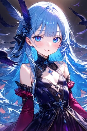 masterpiece, best quality, extremely detailed, (illustration, official art:1.1), 1 girl ,(((( light blue long hair)))), ,(((( light blue long hair)))),light blue hair, , long hair ((blush)) , cute face, big eyes, masterpiece, best quality,(((((a very delicate and beautiful girl))))),Amazing,beautiful detailed eyes,blunt bangs((((little delicate girl)))),tareme(true beautiful:1.2), sense of depth,dynamic angle,,,(((tareme))), affectionate smile, (true beautiful:1.2),,(tiny 1girl model:1.2)(flat chest) 、（dark atmosphere,gothic fashion,bright colors）,（best quality,Super exquisite,）,Sexy goth Vampire girl,In the rose garden at night,Beautiful and delicate eyes,Straight black light blue long hair with blue tips,Crow feathers,red lipstick,mysterious smile,Pale complexion,fishnet stockings,black dress,Pointed-toe bootysterious aura,The moonlight illuminates her elegant silhouette,Soft shadows and soft highlights,Contrasting colors create a vibrant atmosphere,dark and moody color palette,Subtle yet dramatic lighting effects,Sublime darkness intertwined with exquisite moonlight, She's tall and mature, red tone, beatiful pretty face
