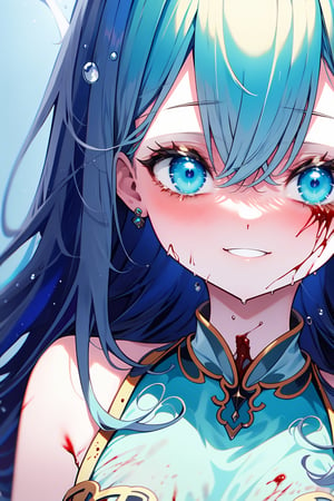 (masterpiece, best quality, extremely detailed, absurdres)), masterpiece, best quality, extremely detailed, (((light blue long hair))),  loli,10 years old,long hair cute anime faces, detailed light, parted lips, shiny, beautiful detailed face, long hair, pale long hair, smile, looking at viewer, jewelry, lips, beautiful, expressive face, 1girl, solo, flat chest, blush, bangs, super fine illustration, 8k wallpaper, (photo background: 1.3), beautiful, (vivid: 1.4), colorful lighting,  , , blue_hair, blood, blood_on_clothes, blood_on_face, blood splatter,messy hair, insane eyes,  bloody, , insane, sitting, thighs, ,crazy smile、 Horror, Research facility, dripping blood, sword light, , accentuating her curves and adding to her mysterious charm,portrait,yandere trance,(((holding a knife))),

