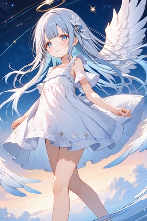 masterpiece, best quality, extremely detailed, (illustration, official art: 1.1), 1 girl, (((light blue long hair))), ((blush)), cute face, big Eyes, masterpiece, best quality, (((a very delicate and beautiful girl))))), amazing, beautiful detailed eyes, blunt bangs ((((little delicate girl))), ((tareme))), droopy eyes. (true beautiful: 1.2), sense of depth, affectionate smile, (true beautiful: 1.2), (tiny 1girl model: 1.2),) (flat chest),(best quality:1.2),(hands finger 5 digits:1.3),(extremely delicate and beautiful:1.3),(detailed ultra detailed:1.2),(scenery clear details:1.2),(scenery crystal clear :1.2),(solo),(white dress),(angel wings),(floating white feathers,starry sky),(clusters of stars,starry sky),(glinting stars),(solo),(best quality),(extremely delicate and beautiful:1.3),(detailed ultra detailed:1.2),(scenery clear details:1.2),eathering With You,anime,Fantasy World,Magical atmosphere,Fantastic starry sky,Fantastic Background,Hair swaying in the wind,Expressive eyes,Dynamic Perspective,Calm emotions,Calm mood、masterpiece, best quality, extremely detailed,full body,Rainbow-colored wings,