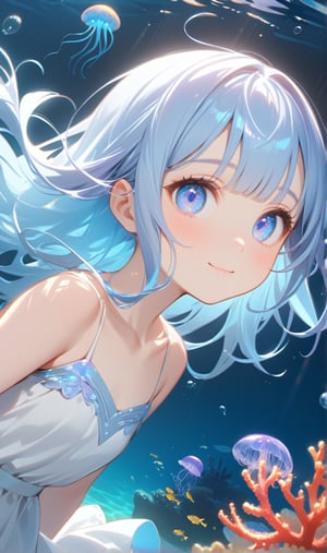 (illustration, official art:1.1), 1 girl ,((( light blue hair)))), , ((iridescent hair, half blue and half Purple hair: 1.2)),,((( light blue long hair )))),light blue hair, ,((blush)) , cute face, big eyes, masterpiece, best quality,(((((a very delicate and beautiful girl))))),Amazing,beautiful detailed eyes, blunt bangs((((little delicate girl)))),(((tareme))),droopy eyes.(true beautiful:1.2), sense of depth,dynamic angle,,,, affectionate smile, (true beautiful:1.2 ),,(tiny 1girl model:1.2),)(flat chest),(muste piece), (best quality), very detailed, 1 girl, perfect face, (solo full body shot:1.3), very detailed face,,(blue eyes:1.4), (in water:1.4), (white dress:1.5), Ocean, coral reef, School of small fish, light, bubble, jellyfish, Ocean algae, (Deep Ocean:1.4), fantasy, Ocean bottom, float
