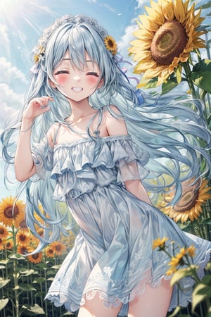 masterpiece, best quality, extremely detailed, (illustration, official art), 1 girl ,(((( light blue long hair)))), ,(((( light blue long hair)))),light blue hair, , long hair ((blush)) , cute face, masterpiece, best quality,(((((a very delicate and beautiful girl))))),Amazing,beautiful detailed eyes,blunt bangs((((little delicate girl)))),tareme(true beautiful:1.2), sense of depth,dynamic angle,,,, affectionate smile, (true beautiful:1.2),,(tiny 1girl model:1.2),)(flat chest) ,closed eyes, (masterpiece,high-quality,ultra detailed,8K,UHD,high-resolution,perfect anatomy,ultra complex and detiled), perfect anatomy, leaning forward, head tilt, standing, arms behind back, (little girl, petite:1.1),, (closed eyes:1.1), grin, embarrassed, blush, sunflower patterned dress, off shoulder, smile, flower, sunflower, flower field, field, dandelion, day, summer, solo, outdoors,
Opaque clothing