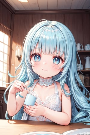 masterpiece, best quality, extremely detailed, (illustration, official art:1.1), 1 girl ,(((( light blue long hair)))), ,(((( light blue long hair)))),light blue hair, ,10 years old, long hair ((blush)) , cute face, big eyes, masterpiece, best quality,(((((a very delicate and beautiful girl))))),Amazing,beautiful detailed eyes,blunt bangs((((little delicate girl)))),tareme(true beautiful:1.2), sense of depth,dynamic angle,,,, affectionate smile, (true beautiful:1.2),,(tiny 1girl model:1.2),)(flat chest), (((masterpiece))), (((best quality))), (((ultra detailed))), sunset, Girl drinking cocoa in mug, steam rising from mug, background is room with warm atmosphere, happy, cutecore, anime deformation style cute illustration ,