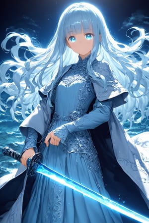 masterpiece, best quality, extremely detailed, (illustration, official art:1.1), 1 girl ,(((( light blue long hair)))), ,(((( light blue long hair)))),light blue hair, , long hair, cute face, big eyes, masterpiece, best quality,(((((a very delicate and beautiful girl))))),Amazing,beautiful detailed eyes,blunt bangs((((little delicate girl)))),tareme(true beautiful:1.2), sense of depth, (true beautiful:1.2),,(tiny 1girl model:1.2),)(flat chest) ,Ultra high resolution, rich colors, perfect image, top quality, detailed image, beautiful single woman, glowing skin, skin and clothing texture, delicate eyes, high neck shirt, black long coat, pants, boots, black blade sword, dark wave from sword, slashing pose, blue eyes