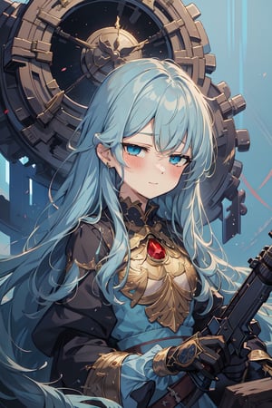 masterpiece, best quality, extremely detailed, (illustration, official art:1.1), 1 girl ,(((( light blue long hair)))), ,(((( light blue long hair)))),light blue hair, , long hair ((blush)) , cute face, masterpiece, best quality,(((((a very delicate and beautiful girl))))),Amazing,beautiful detailed eyes,blunt bangs((((little delicate girl)))),(((tareme))),droopy eyes.(true beautiful:1.2), sense of depth,dynamic angle,,,, affectionate smile, (true beautiful:1.2),,(tiny 1girl model:1.2),)(flat chest),One girl、Dynamic configuration、[17277fbe68],He threatened Hideo.、high quality、Maximum details、(((最high quality、最高masterpiece、Official Art、最高のDynamic configuration)))、、(Tabletop, 最high quality), Very detailed, Anime Style, Concept Art、whole body, (masterpiece), 最high quality, Fantasy art,whole body、masterpiece、最high quality、(colorful)、（Beautifully detailed eyes and face）、Cinema Lighting、Extremely detailed CG、Super huge、whole body、wallpaper、Dress with weapons in Wonderland, (((Everybody wears red ))), Ammunition belt, gun, machine gun, gatling gun, hand gun,weapons,Barren Land、White Background、