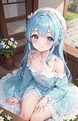 masterpiece, best quality, extremely detailed, (illustration, official art:1.1), 1 girl ,(((( light blue long hair)))), ,(((( light blue long hair)))),light blue hair, , long hair ((blush)) , cute face, big eyes, masterpiece, best quality,(((((a very delicate and beautiful girl))))),Amazing,beautiful detailed eyes,blunt bangs((((little delicate girl)))),(((tareme))),droopy eyes.(true beautiful:1.2), sense of depth,dynamic angle,,,, affectionate smile, (true beautiful:1.2),,(tiny 1girl model:1.2),)(flat chest),(((masterpiece))),(((best quality))),((ultra-detailed)), cute,a flower house,two white dog,beauty,a girl wiht grass-hat,flowers,, veranda, very Cute clothes, a girl sitting on the veranda,
