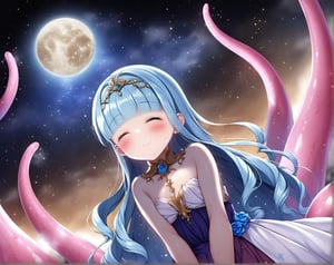 masterpiece, best quality, extremely detailed, (illustration, official art:1.1), 1 girl ,(((( light blue long hair)))), ,(((( light blue long hair)))),light blue hair, , long hair ((blush)) , cute face, big eyes, masterpiece, best quality,(((((a very delicate and beautiful girl))))),Amazing,beautiful detailed eyes,blunt bangs((((little delicate girl)))),tareme(true beautiful:1.2), sense of depth,dynamic angle,,,, affectionate smile, (true beautiful:1.2),,(tiny 1girl model:1.2),)(flat chest) ,A breathtaking scene unfolds as the moonlight casts a luminous glow on a deserted beach, painting the sky with a tapestry of twinkling stars. At the center of this ethereal moment, A young woman with long hair cascades sits in deep meditation. Its tranquil presence evokes a sense of inner peace and serenity amidst the vastness of the empty coast. The girl's silhouette stands out against the backdrop of darkness, his serene expression bathed in soft moonlight. Long pink tentacles of cascade down the back, intertwined with the gentle sea breeze that caresses his face. Your closed eyes indicate a deep connection to the universe, as if his own thoughts harmonized with the whispers of the ocean waves.((big moon )))