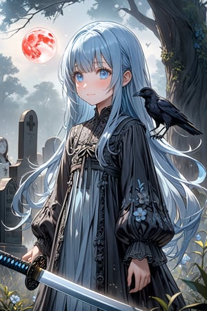 masterpiece, best quality, extremely detailed, (illustration, official art:1.1), 1 girl ,(((( light blue long hair)))), ,(((( light blue long hair)))),light blue hair, , long hair ((blush)) , cute face, masterpiece, best quality,(((((a very delicate and beautiful girl))))),Amazing,beautiful detailed eyes,blunt bangs((((little delicate girl)))),(((tareme))),droopy eyes.(true beautiful:1.2), sense of depth,dynamic angle,,,, affectionate smile, (true beautiful:1.2),,(tiny 1girl model:1.2),)(flat chest), A beautiful anime-style girl with long,,(((detailed)))Blue Eyes,Transparent hair,Face of Sadness,Sad beautiful girl,(((detailed)),(((detailed)))A beautiful immoral girl in a provocative black and grey dress,,(((detailed)))Full Body Shot,Crow,(((detailed)))dead tree,fog,Red Moon,Mysterious Flower,graveyard of darkness。, holding katana,  , holding sword