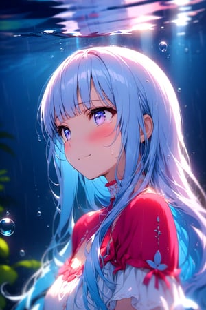 masterpiece, best quality, extremely detailed, (illustration, official art:1.1), 1 girl ,(((( light blue long hair)))), ,(((( light blue long hair)))),light blue hair, , long hair ((blush)) , cute face, big eyes, masterpiece, best quality,(((((a very delicate and beautiful girl))))),Amazing,beautiful detailed eyes,blunt bangs((((little delicate girl)))),tareme(true beautiful:1.2), sense of depth,dynamic angle,,,, affectionate smile, (true beautiful:1.2),,(tiny 1girl model:1.2),)(flat chest), 1girl, 
, (, closeup, from side), poor eyes, closed mouth,
shiny hair, ( long straight hair, white turtleneck), early teens,
looking at left,Illustrator,
 dynamic angle,

 (perfect design), absurdres, highres,
cinematic lighting,
(fashion illustration, sharp sketch, super fine illustration:1.2),(((Tears, drops, bubbles, underwater))),shaft head tilt,rain