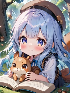 masterpiece, best quality, extremely detailed, (illustration, official art:1.1), 1 girl ,(((( light blue long hair)))), ,(((( light blue long hair)))),light blue hair , , long hair ((blush)) , cute face, big eyes, masterpiece, best quality,(((((a very delicate and beautiful girl))))),Amazing,beautiful detailed eyes,blunt bangs(((( little delicate girl)))),tareme(true beautiful:1.2), sense of depth,dynamic angle,,,, affectionate smile, (true beautiful:1.2),,(tiny 1girl model:1.2),)(flat chest) ,((, playing squirrel on her hand,))There are acorns on top of the book, (Squirrel stealing acorns: 1.2), , floating hair, (cute), big eyes, detailed eyes, (long hair), (cute ), cool,((, playing squirrel on her hand,))There are acorns on top of the book, (Squirrel stealing acorns: 1.2), , floating hair, (cute), big eyes, detailed eyes, big eyes, detailed eyes, (Polite Smile), ( (young, baby face)), (Magnificent Panorama View: 1.3), best quality, masterpiece, (white mauve background, white mauve backdrop), wind, overlooking, Surprising a super cute moment, depth of field, 8k, 16k, ( girls with young), ((spoken heart)), be in heat, ((little kids)), ((Japanese(-style) bookbinding\)), (beret), (ribbon), ((frills)), ( affectionate contacts, physical contact, personal physical contact),, (THE GIRL ALWAYS LOOKS LOVELY), ((cute, kawaii)), (hug:1.3), ((little girls)), , flat chest, kawaii, skinny, outdoors, bokeh, beautiful detailed extremely illustration, (masterpiece), (best quality:1.5), (insanely detailed), looking at viewer, (a lot chibis), chibi animal, (((squirrels ,Playing with cute animals , squirrels,Forest friends, rabbits,)))