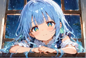 masterpiece, best quality, extremely detailed, (illustration, official art:1.1), 1 girl ,(((( light blue long hair)))), ,(((( light blue long hair)))),light blue hair, , long hair ((blush)) , cute face, big eyes, masterpiece, best quality,(((((a very delicate and beautiful girl))))),Amazing,beautiful detailed eyes,blunt bangs((((little delicate girl)))),tareme(true beautiful:1.2), sense of depth,dynamic angle,,,(((tareme))), affectionate smile, (true beautiful:1.2),,(tiny 1girl model:1.2)(flat chest) 、Upper body close-up（((masterpiece), on)""Perfect face,  beautiful eyes,  clean facial features, she sits by the window in a dark room, gazing quietly at the rain pouring outside. Her expression carries a sense of loneliness and quiet reflection, with soft light from the window faintly illuminating her face. The raindrops sliding down the glass seem to mirror her emotions, creating a melancholy and serene atmosphere throughout the scene."、(((((looking down,looking away))))), 