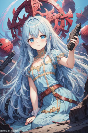 masterpiece, best quality, extremely detailed, (illustration, official art:1.1), 1 girl ,(((( light blue long hair)))), ,(((( light blue long hair)))),light blue hair, , long hair ((blush)) , cute face, masterpiece, best quality,(((((a very delicate and beautiful girl))))),Amazing,beautiful detailed eyes,blunt bangs((((little delicate girl)))),(((tareme))),droopy eyes.(true beautiful:1.2), sense of depth,dynamic angle,,,, affectionate smile, (true beautiful:1.2),,(tiny 1girl model:1.2),)(flat chest),One girl、Dynamic configuration、[17277fbe68],He threatened Hideo.、high quality、Maximum details、(((最high quality、最高masterpiece、Official Art、最高のDynamic configuration)))、、(Tabletop, 最high quality), Very detailed, Anime Style, Concept Art、whole body, (masterpiece), 最high quality, Fantasy art,whole body、masterpiece、最high quality、(colorful)、（Beautifully detailed eyes and face）、Cinema Lighting、Extremely detailed CG、Super huge、whole body、wallpaper、Dress with weapons in Wonderland, (((Everybody wears red ))), Ammunition belt, gun, machine gun, gatling gun, hand gun,weapons,Barren Land、White Background、