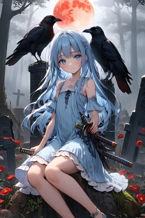 masterpiece, best quality, extremely detailed, (illustration, official art:1.1), 1 girl ,(((( light blue long hair)))), ,(((( light blue long hair)))),light blue hair, , long hair ((blush)) , cute face, masterpiece, best quality,(((((a very delicate and beautiful girl))))),Amazing,beautiful detailed eyes,blunt bangs((((little delicate girl)))),(((tareme))),droopy eyes.(true beautiful:1.2), sense of depth,dynamic angle,,,, affectionate smile, (true beautiful:1.2),,(tiny 1girl model:1.2),)(flat chest), A beautiful anime-style girl with long,,(((detailed)))Blue Eyes,Transparent hair,Face of Sadness,Sad beautiful girl,(((detailed)),(((detailed)))A beautiful immoral girl in a provocative black and grey dress,,(((detailed)))Full Body Shot,Crow,(((detailed)))dead tree,fog,Red Moon,Mysterious Flower,graveyard of darkness。, holding katana,  , holding sword