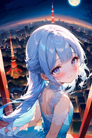 masterpiece, best quality, extremely detailed, (illustration, official art:1.1), 1 girl ,(((( light blue hair)))), ,(((( light blue long hair)))),light blue hair, ,((blush)) , cute face, big eyes, masterpiece, best quality,(((((a very delicate and beautiful girl))))),Amazing,beautiful detailed eyes,blunt bangs((((little delicate girl)))),(((tareme))),droopy eyes.(true beautiful:1.2), sense of depth,dynamic angle,,,shy, affectionate smile, (true beautiful:1.2),,(tiny 1girl model:1.2),)(flat chest),Absurd,High Resolution,Super Detailed,Texture,High Resolution,(1 Girl:1.3),(Upper Body),A scene of the view from Tokyo Tower, just after sunrise. The sky showed a beautiful contrast between the morning sun and the night sky.Night view,(Night view from Tokyo Tower)
, Full Moon Night , entire city visible , 