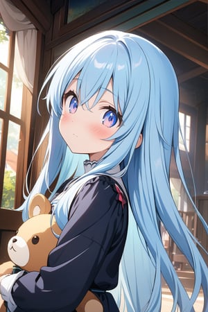 solo,, masterpiece, best quality, extremely detailed, (illustration, official art:1.1), 1 girl ,(((( light blue long hair)))), ,(((( light blue long hair)))),light blue hair, , long hair ((blush)) , cute face, big eyes, (best quality, masterpiece, highres), Long-haired anime girl holding teddy bear in her arms, Cute anime girl, Anime Girl with Long Hair, Cute Anime, Anime visuals of cute girls, Beautiful anime girl, an anime girl, young anime girl, soft anime illustration, Anime Girl, cute anime style, portrait of cute anime girlbabes, pretty anime girl, (Anime Girl), cute kawaii girl