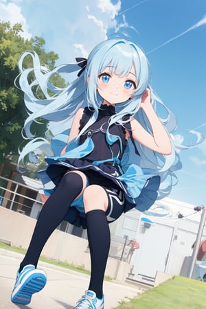 asterpiece, best quality, extremely detailed, (illustration, official art:1.1), 1 girl ,(((( light blue long hair)))), ,(((( light blue long hair)))),light blue hair, , long hair ((blush)) , cute face, big eyes, masterpiece, best quality,(((((a very delicate and beautiful girl))))),Amazing,beautiful detailed eyes,blunt bangs((((little delicate girl)))),tareme(true beautiful:1.2), sense of depth,dynamic angle,,,, affectionate smile, (true beautiful:1.2),,(tiny 1girl model:1.2),)(flat chest) ,masterpiece, super fine illustration, super detailed skin, 1 , petite, , pigtails,white gym clothes, sleeveless, white short socks, blue japanese bloomers, sports shoes, outdoors, lawn, arms up, armpits, spread legs, standing,(SPORT　wear)、school gym buruma
