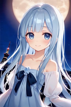 masterpiece, best quality, extremely detailed, (illustration, official art:1.1), 1 girl ,(((( light blue hair)))), ,(((( light blue long hair)))),light blue hair, ,((blush)) , cute face, big eyes, masterpiece, best quality,(((((a very delicate and beautiful girl))))),Amazing,beautiful detailed eyes,blunt bangs((((little delicate girl)))),(((tareme))),droopy eyes.(true beautiful:1.2), sense of depth,dynamic angle,,,shy, affectionate smile, (true beautiful:1.2),,(tiny 1girl model:1.2),)(flat chest),Absurd,High Resolution,Super Detailed,Texture,High Resolution,(1 Girl:1.3),(Upper Body),A scene of the view from Tokyo Tower, just after sunrise. The sky showed a beautiful contrast between the morning sun and the night sky.Night view,(Night view from Tokyo Tower)
, Full Moon Night , entire city visible , 