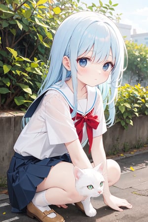 Masterpiece, best quality, extremely detailed, (illustration, official art: 1.1), 1 girl, ((light blue long hair))), light blue hair, 10 years old,  ((blush)), cute face, big eyes, masterpiece, best quality, ((a very delicate and beautiful girl)))), amazing, beautiful detailed eyes, blunt bangs 、(((little delicate girl)))), tareme (true beautiful: 1.2),Official art、Top quality ultra-detailed CG art、a beauty girl：１.２）、lightblue hair、、(masutepiece), (Best Quality), hyper detailed illustration,beautiful artwork,1girl in,Solo,Japanese high school  girl,(School uniform),(Loose socks),Mini skirt,white leg warmers,Big smile,Watch the white cat,Summer,light  leaks,Leaning forward,From below,(Bokeh),(((white cat))),(((white cat))),Cats、The girl is squatting down and looking at the cat on the roadside